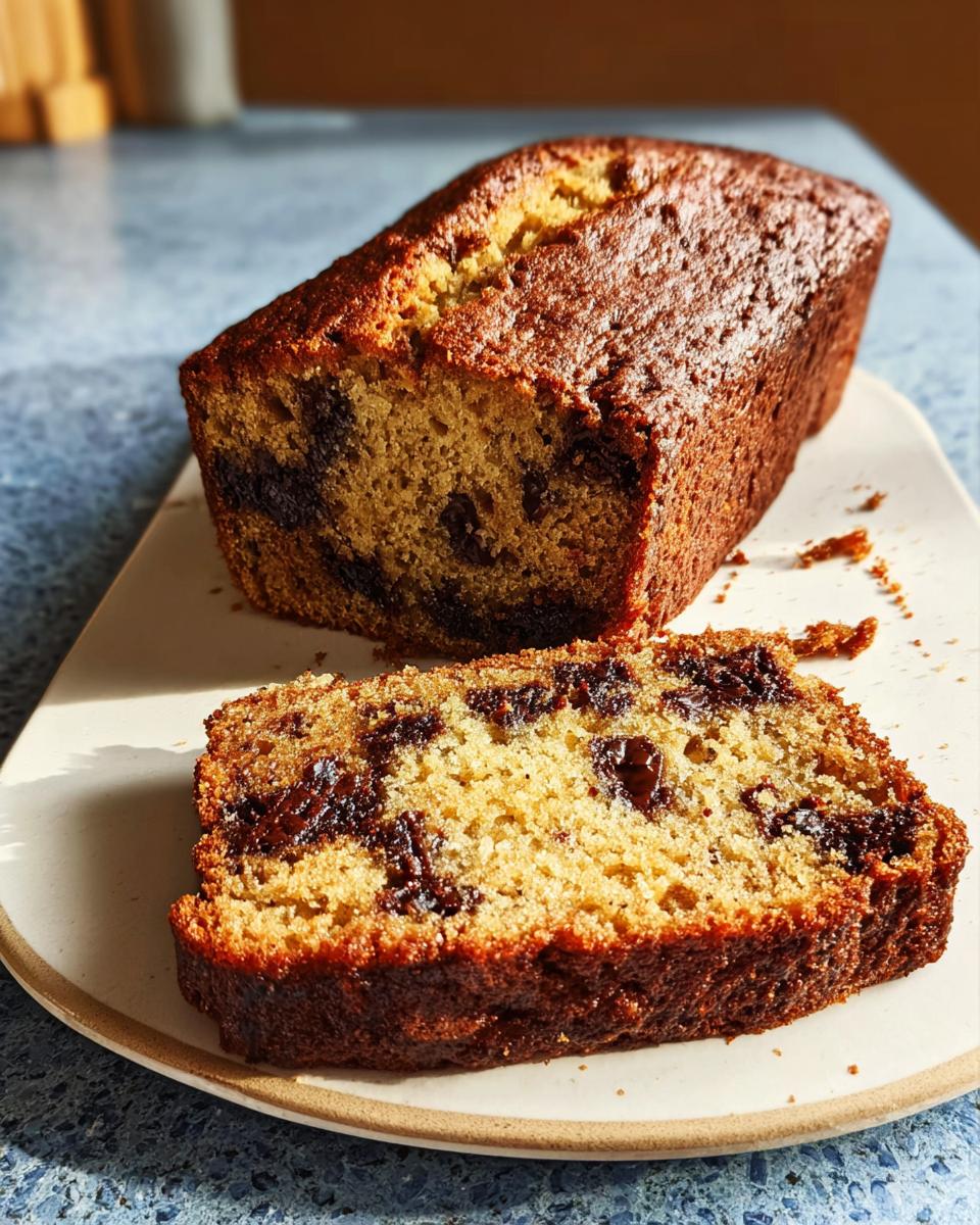 A freshly baked loaf of Chocolate Chunk Banana Bread with one thick slice cut and resting beside it on a plate.