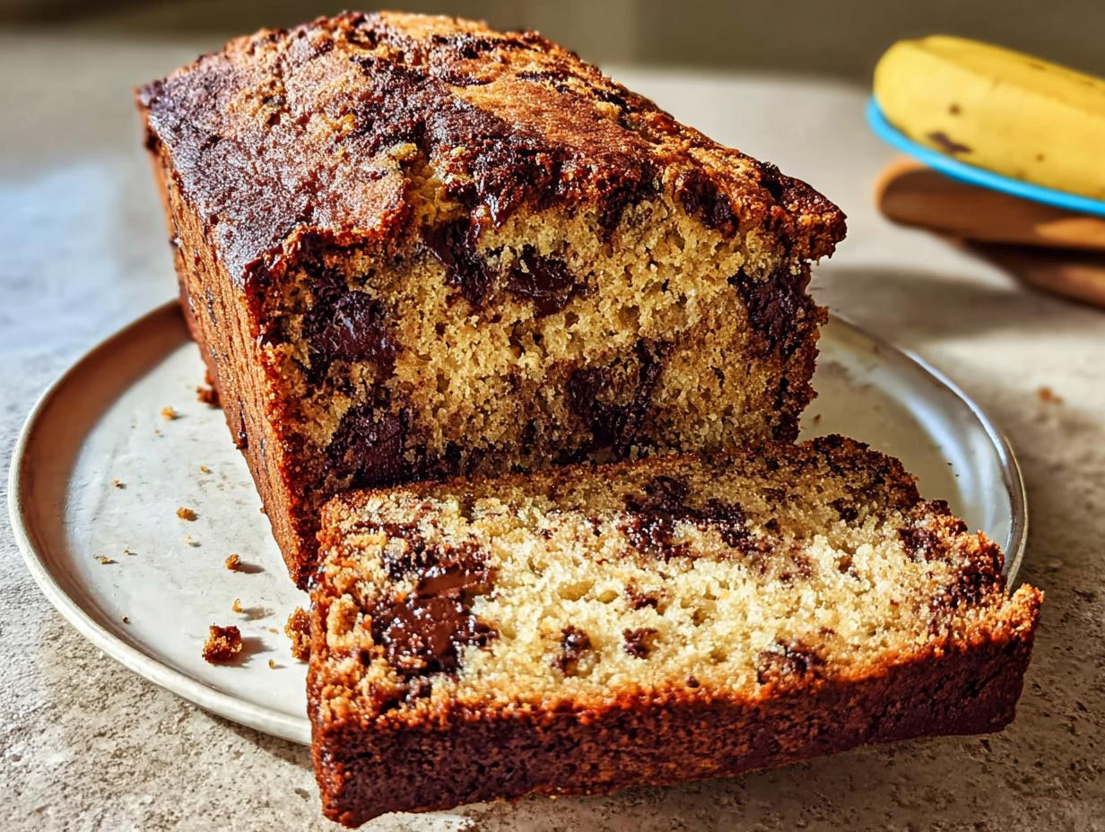 A close-up of a freshly baked Chocolate Chunk Banana Bread loaf, with one slice cut and resting beside it on a plate.