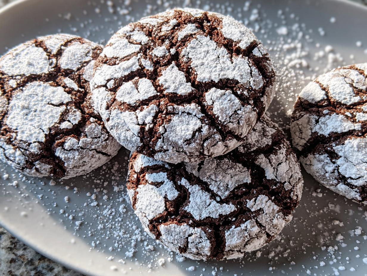 A close-up of several rich, dark Chocolate Crinkle Cookies dusted heavily with powdered sugar.