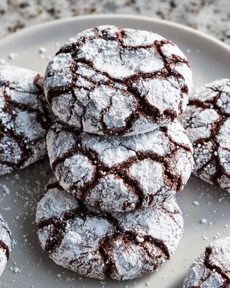 A stack of three rich, dark Chocolate Crinkle Cookies heavily dusted with powdered sugar.