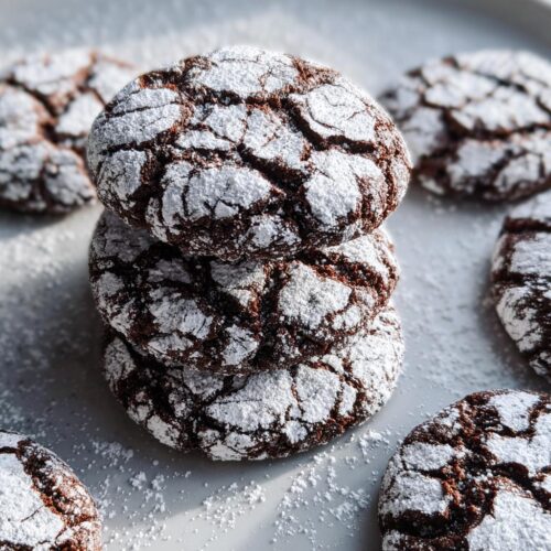 A stack of three rich, dark Chocolate Crinkle Cookies heavily dusted with powdered sugar.