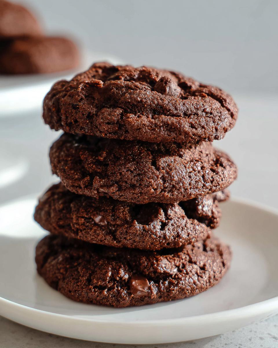 A stack of four dark, rich Chocolate Espresso Cookies with visible chocolate chips on a white plate.