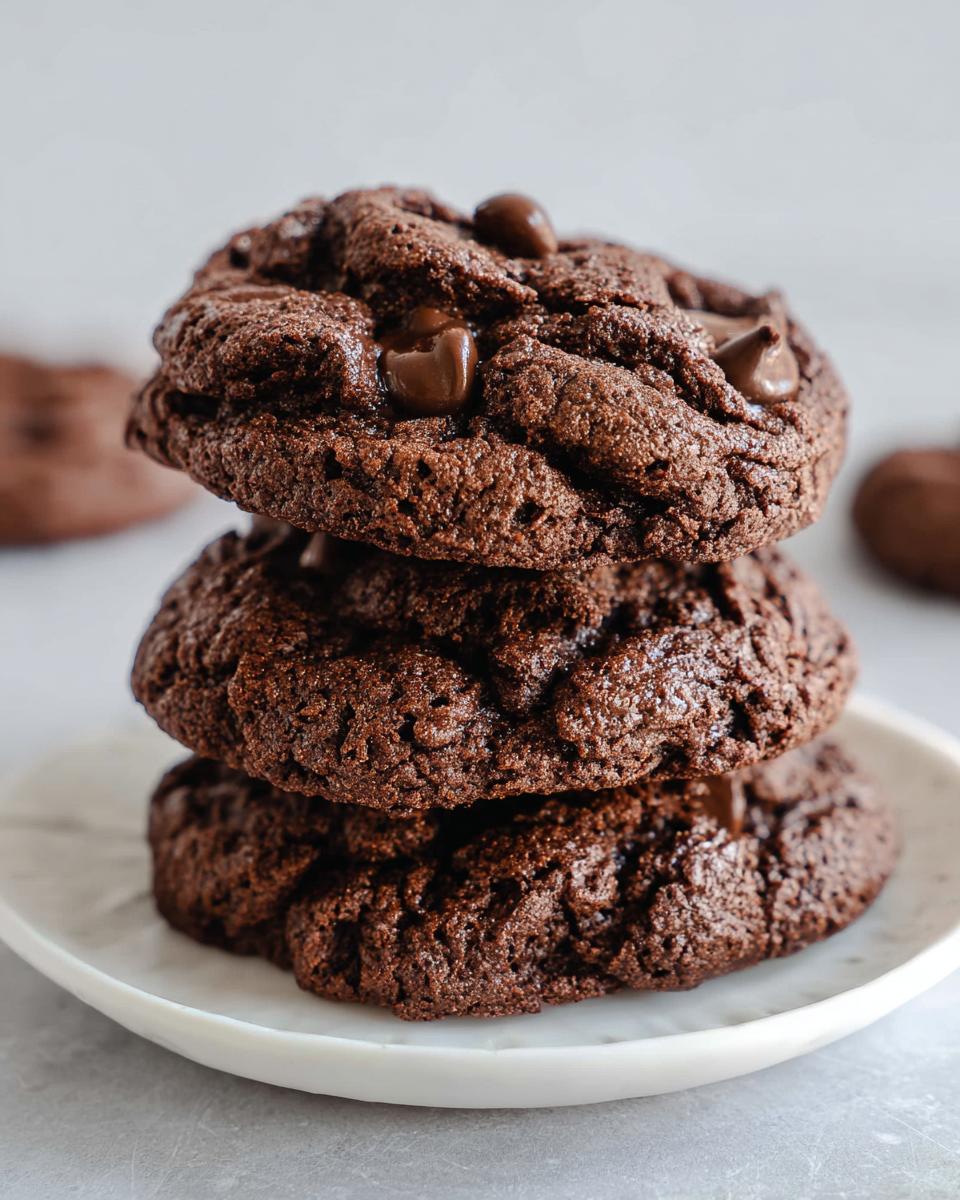 A stack of three thick, fudgy Chocolate Espresso Cookies topped with melted chocolate chips.