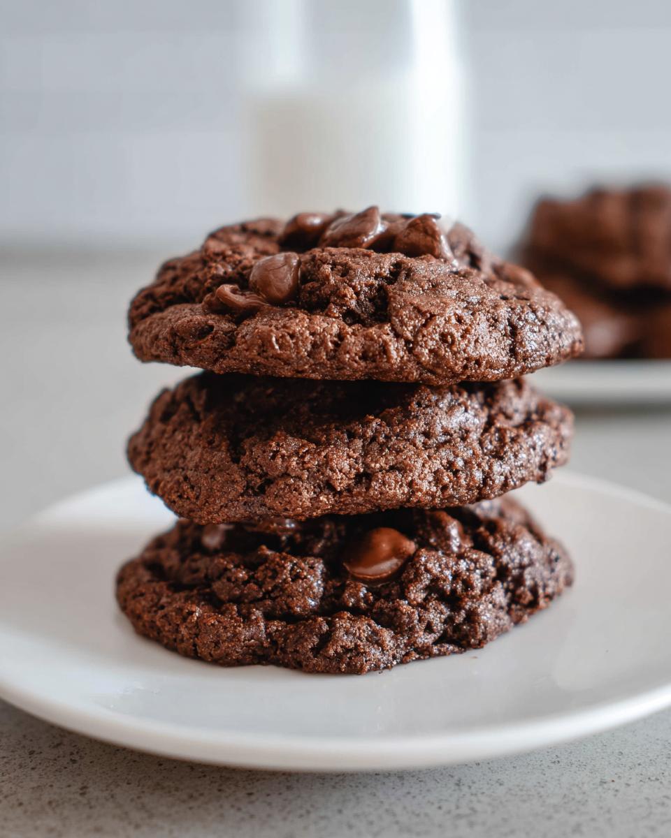 Three stacked, dark Chocolate Espresso Cookies topped with melted chocolate chips on a white plate.