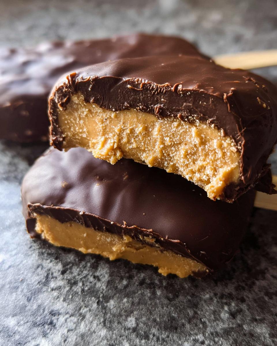 Close-up of Chocolate Peanut Butter Freezer Bars cut in half showing thick peanut butter filling and chocolate coating.