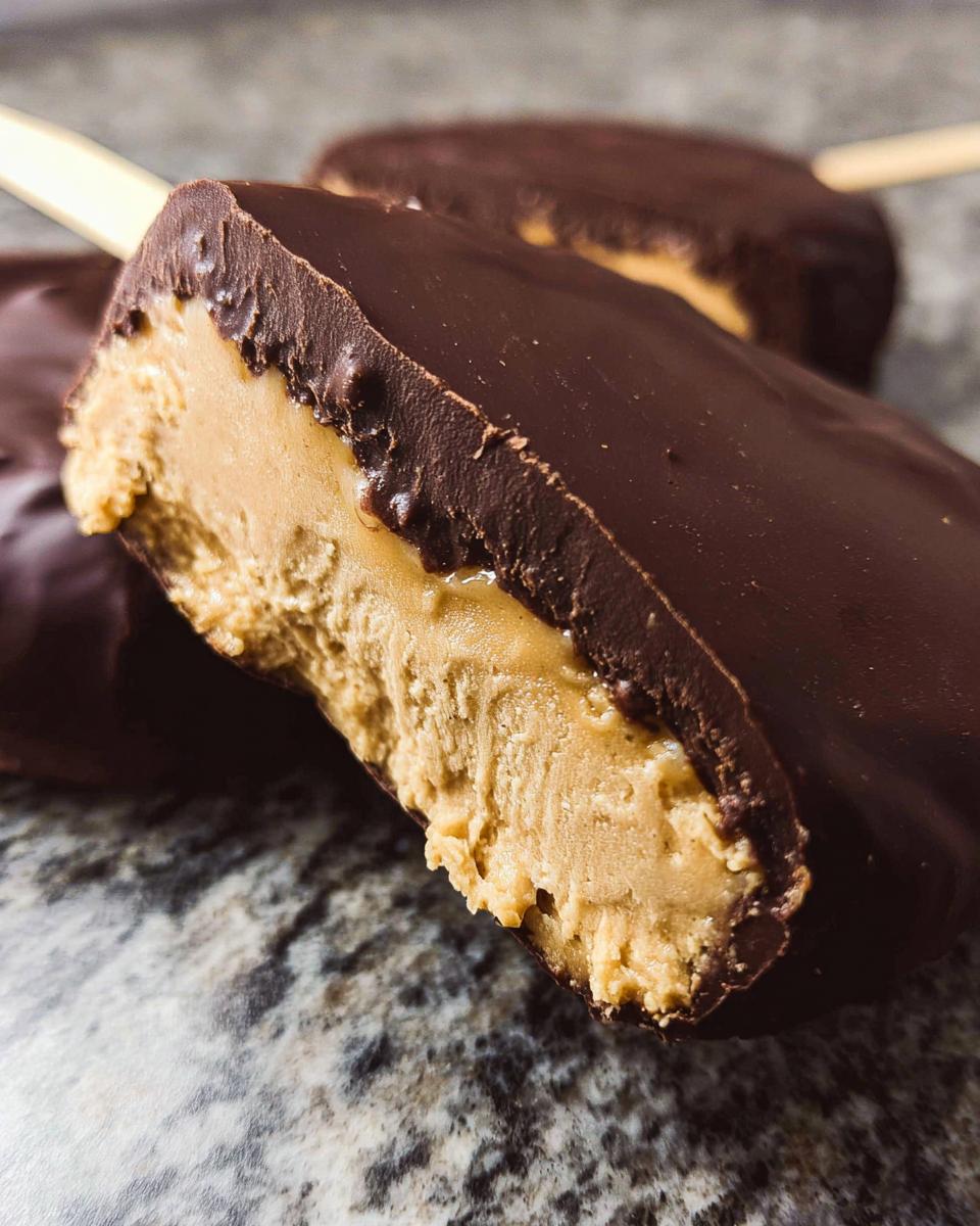 Close-up of a Chocolate Peanut Butter Freezer Bars cross-section showing thick peanut butter filling and chocolate shell.