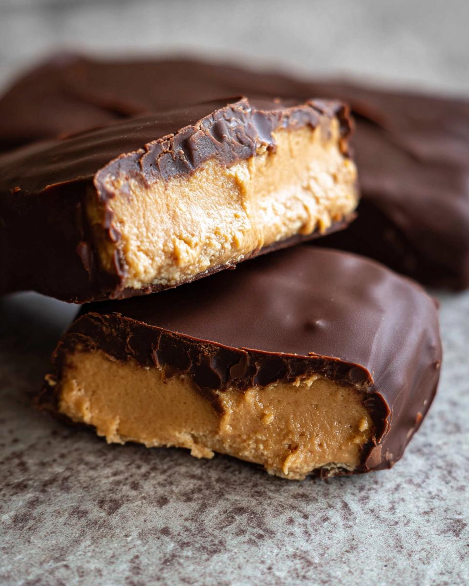 Close-up of Chocolate Peanut Butter Freezer Bars cut in half, showing creamy peanut butter filling coated in dark chocolate.