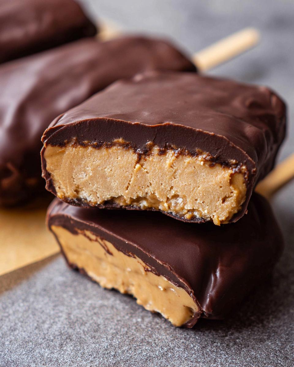 Close-up of two Chocolate Peanut Butter Freezer Bars stacked, showing the thick peanut butter center coated in dark chocolate.