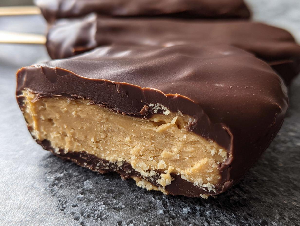 Close-up of a Chocolate Peanut Butter Freezer Bars showing the thick, creamy peanut butter center coated in rich chocolate.