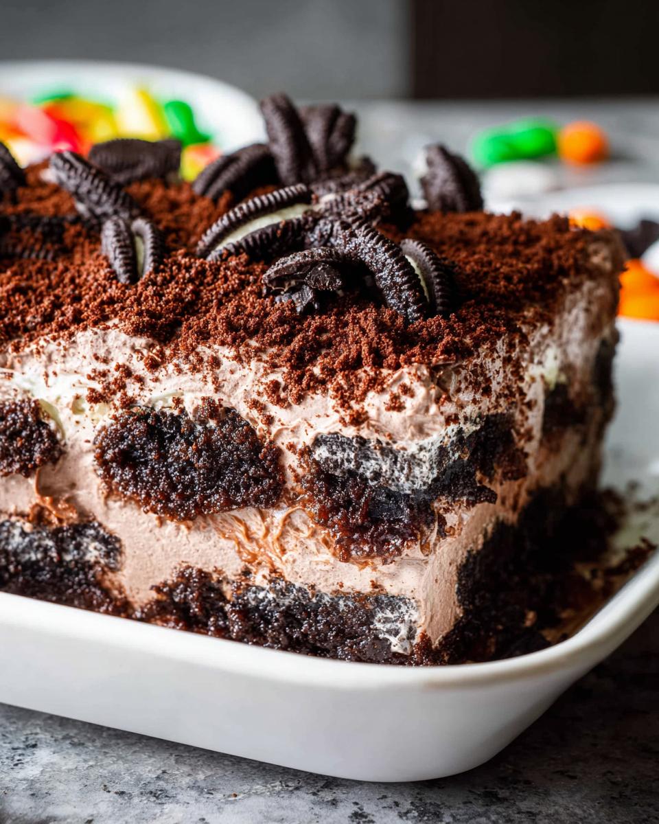 A close-up of a rich slice of Chocolate Pudding Dirt Cake layered with cream and topped with crushed Oreos.