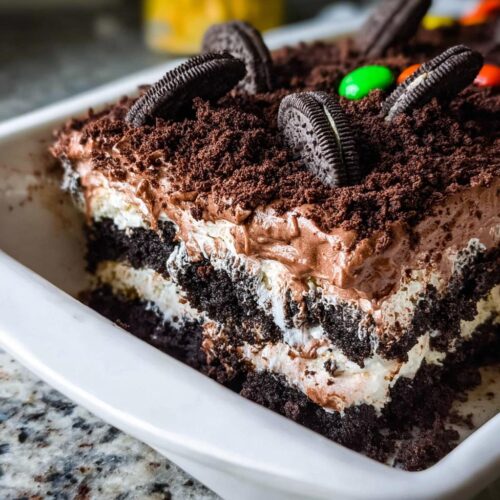 A rich, layered slice of Chocolate Pudding Dirt Cake showing dark cookie crumbs, white cream, and chocolate pudding layers.