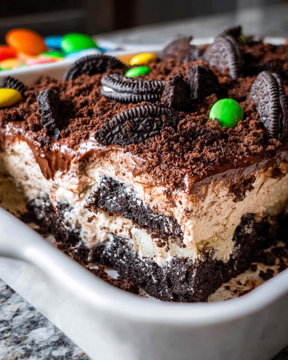 A cross-section view of a decadent Chocolate Pudding Dirt Cake topped with crushed Oreos and candies.