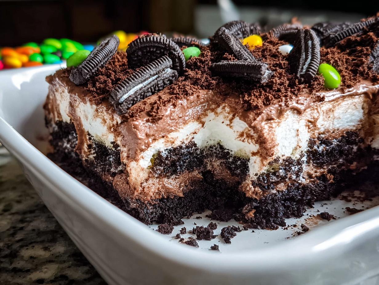 A rich slice of Chocolate Pudding Dirt Cake showing layers of crushed cookies, cream, and chocolate pudding topping.