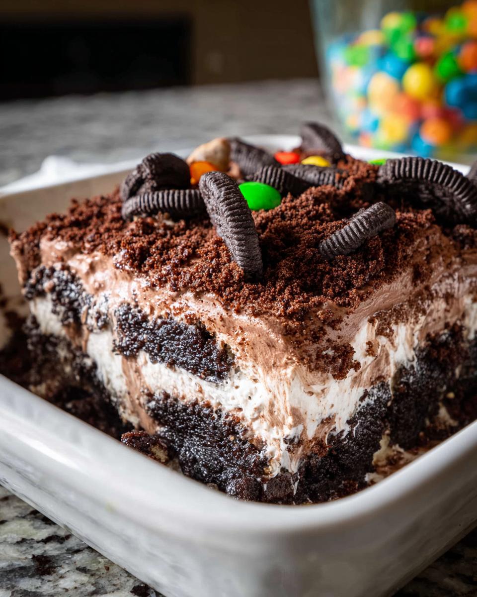 A close-up view of a layered slice of Chocolate Pudding Dirt Cake topped with crushed cookies and candy.