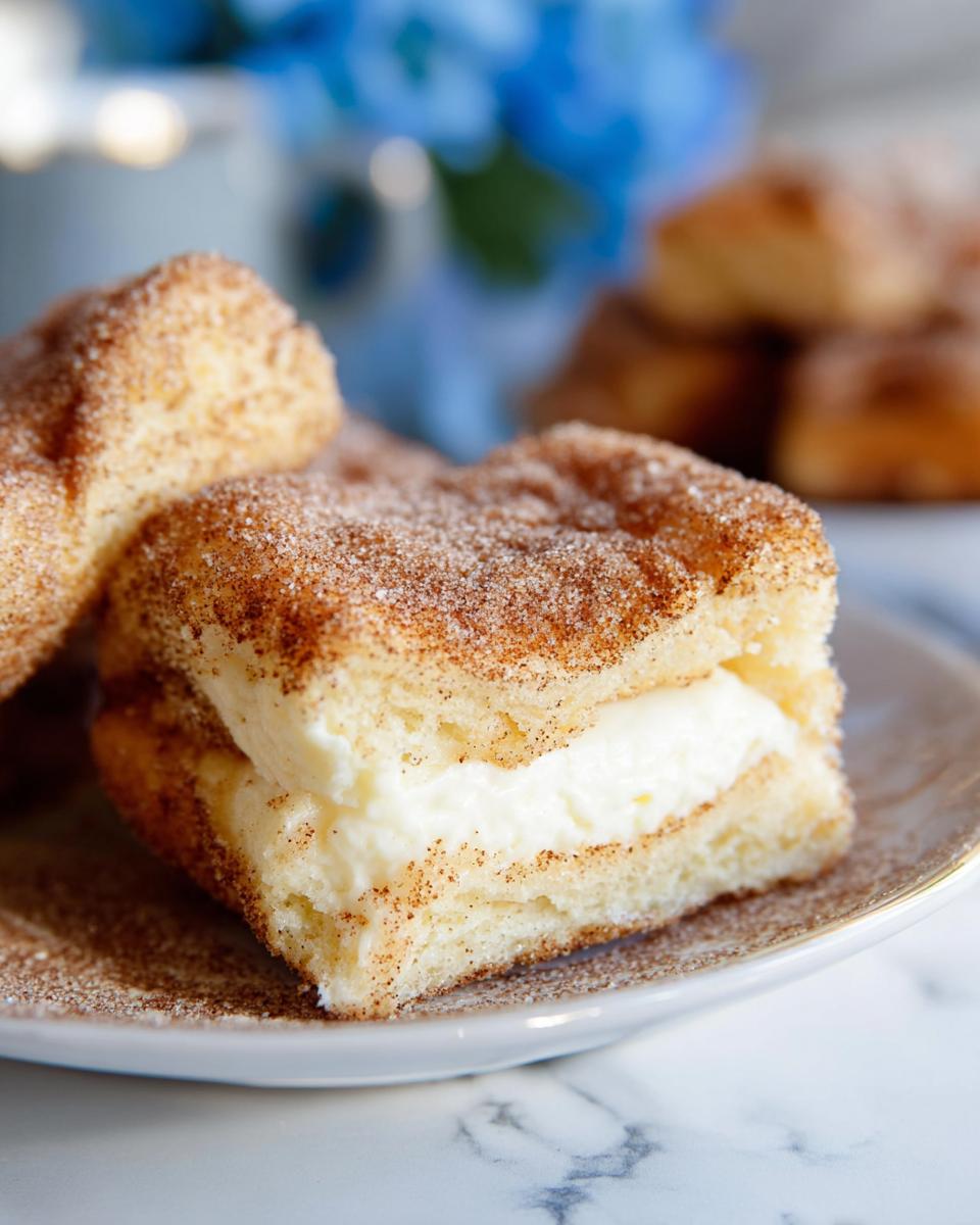 A close-up of a square Churro Cheesecake Bites piece showing the creamy filling between two layers of cinnamon-sugar coated cake.