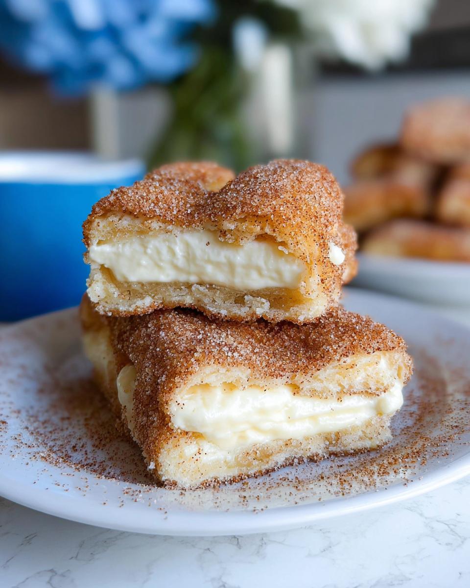Two stacked Churro Cheesecake Bites cut in half showing the creamy white filling inside a cinnamon-sugar coated pastry.