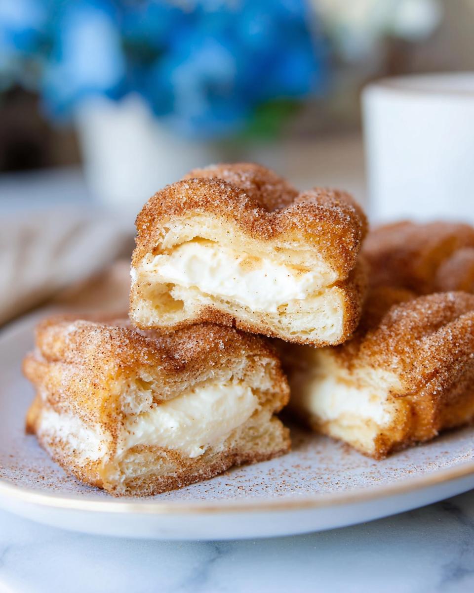 Close-up of Churro Cheesecake Bites cut in half showing a rich cream cheese filling inside the cinnamon-sugar coating.