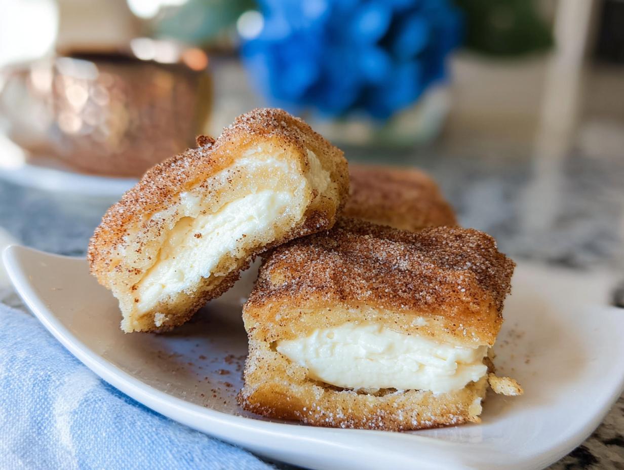 Two halves of a Churro Cheesecake Bite showing the creamy white filling inside, coated in cinnamon sugar.