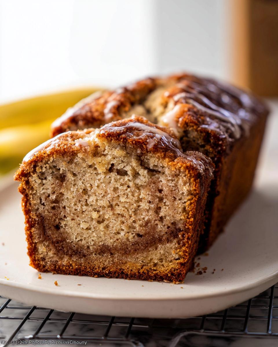 Close-up of a sliced Cinnamon Banana Brunch Loaf showing the moist crumb and cinnamon swirl, topped with a light glaze.