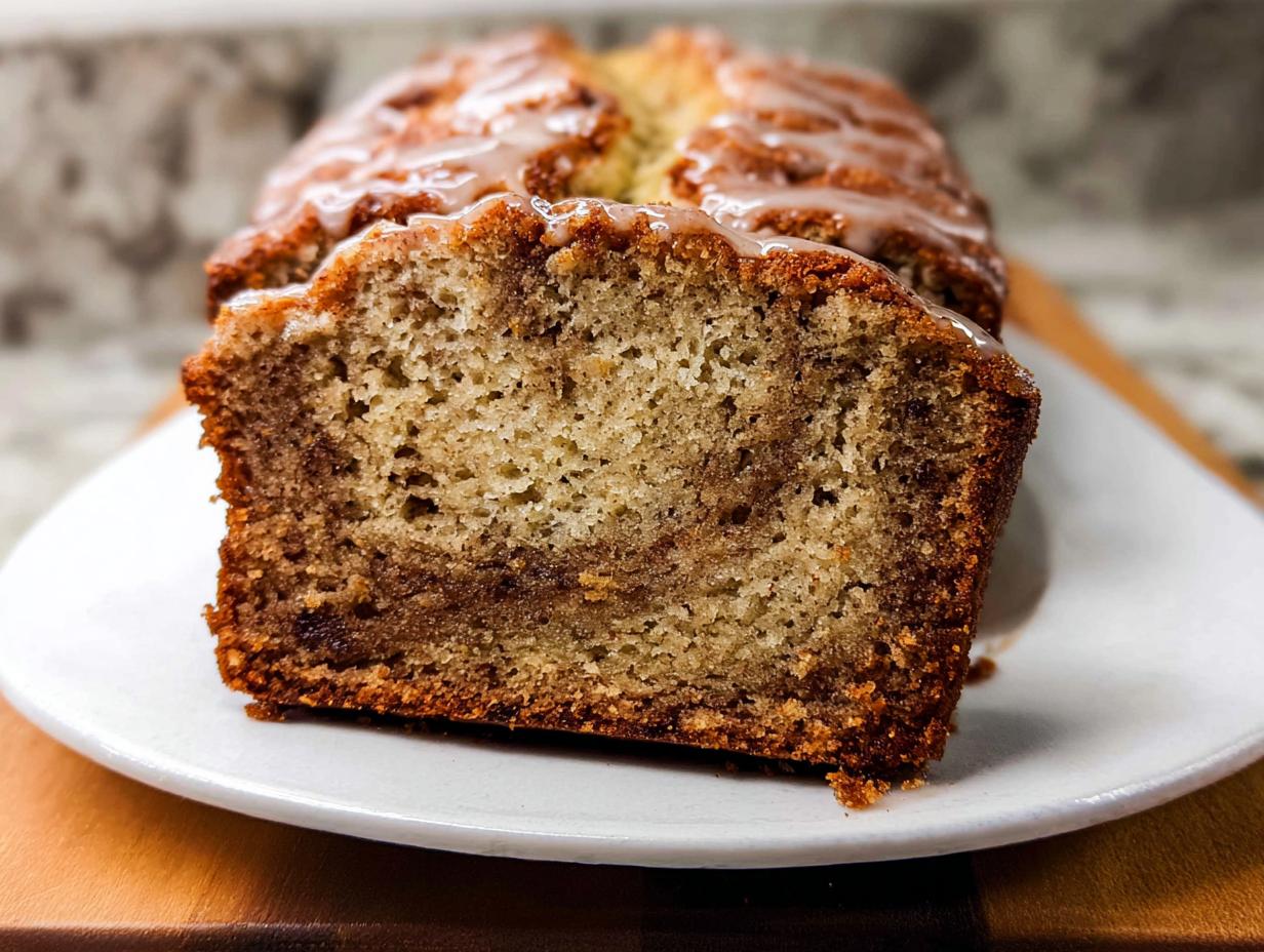 Close-up of a thick slice cut from a Cinnamon Banana Brunch Loaf, showing a moist crumb and cinnamon swirl, topped with a light glaze.