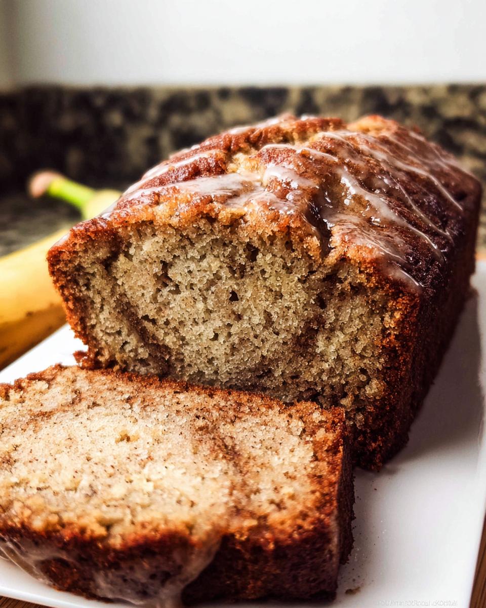 A close-up of a sliced Cinnamon Banana Brunch Loaf with a sweet glaze drizzled over the top.