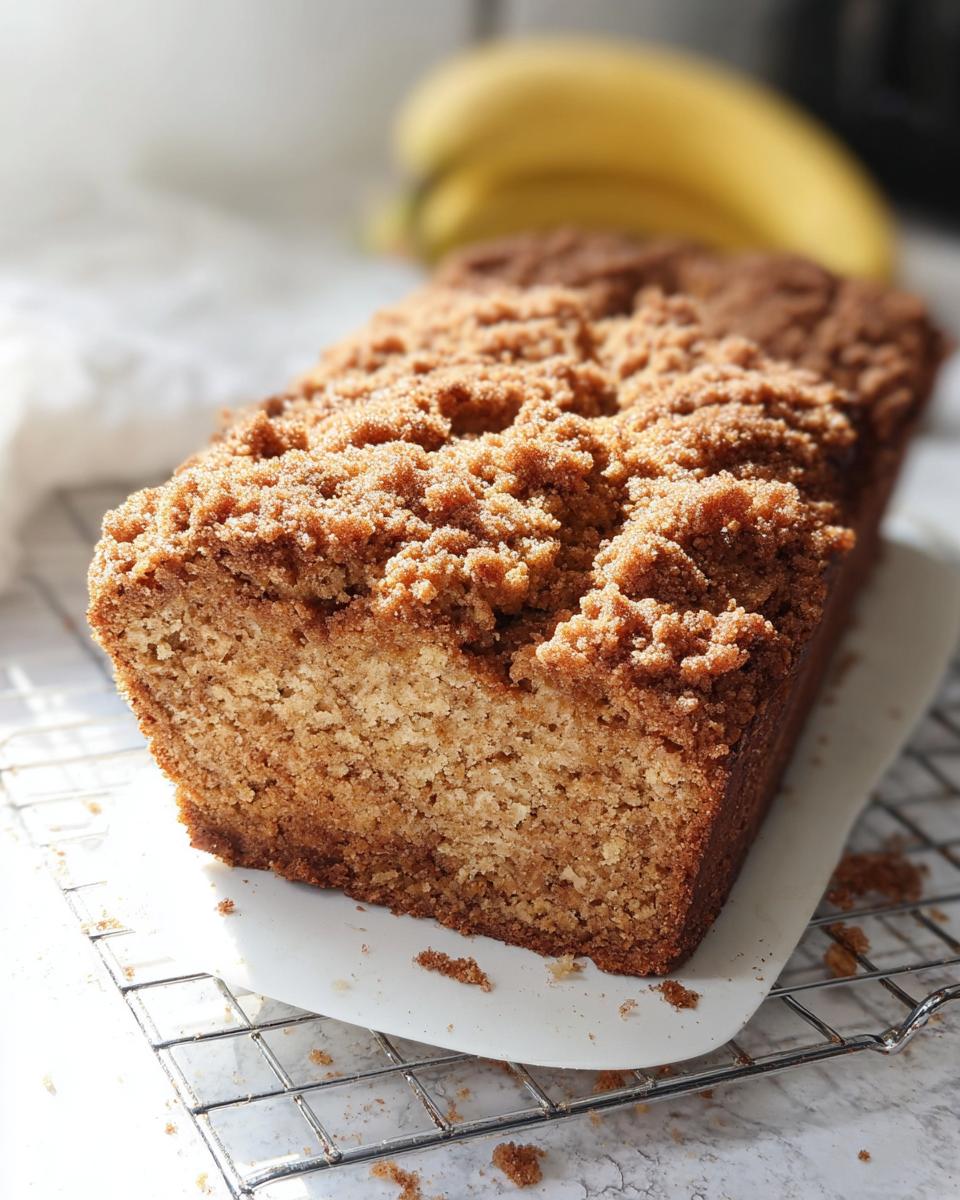 A freshly baked loaf of Cinnamon Crunch Banana Bread with a thick, sugary crumb topping, resting on a cooling rack.