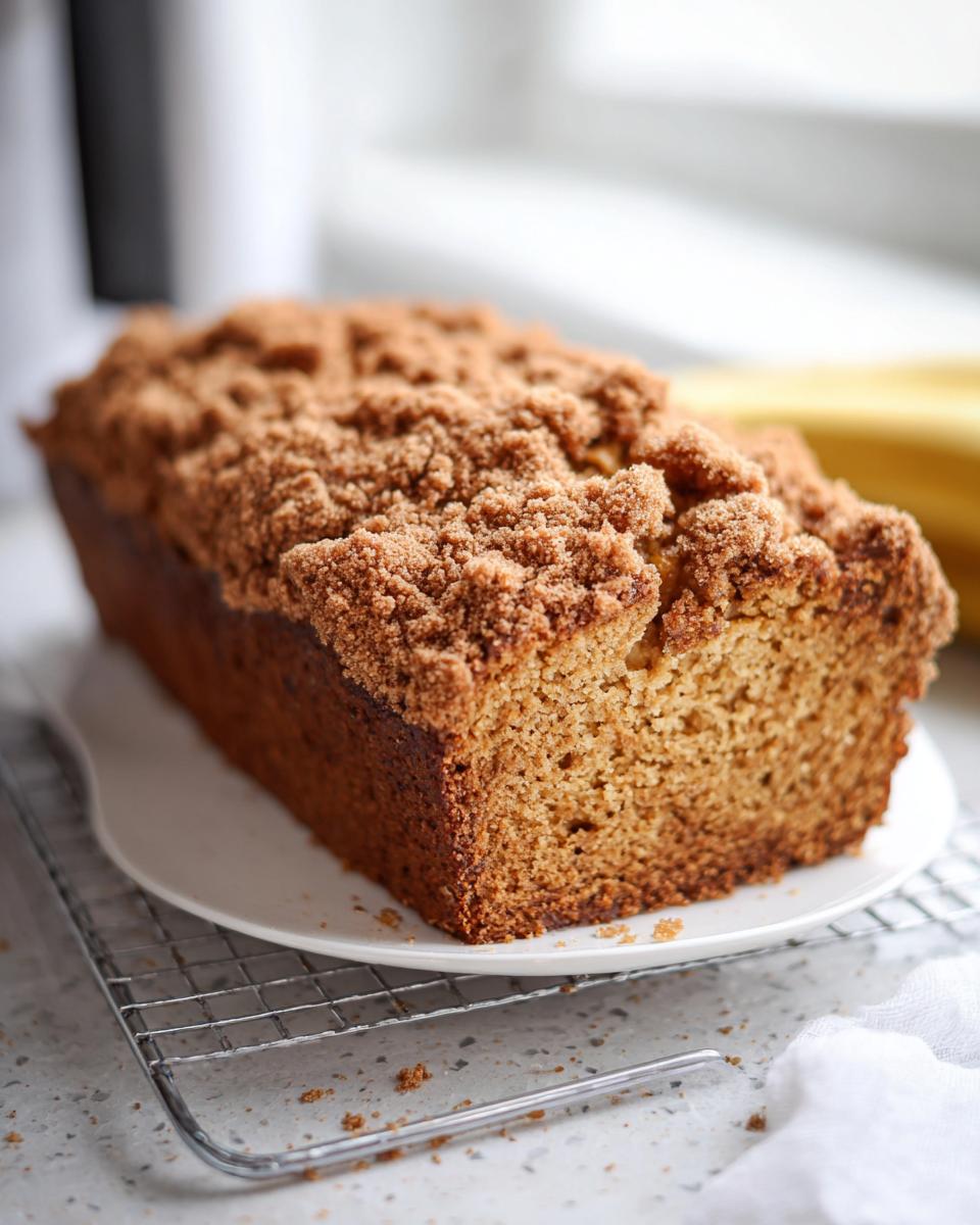 A freshly baked loaf of Cinnamon Crunch Banana Bread with a thick, crumbly cinnamon streusel topping, resting on a white plate.