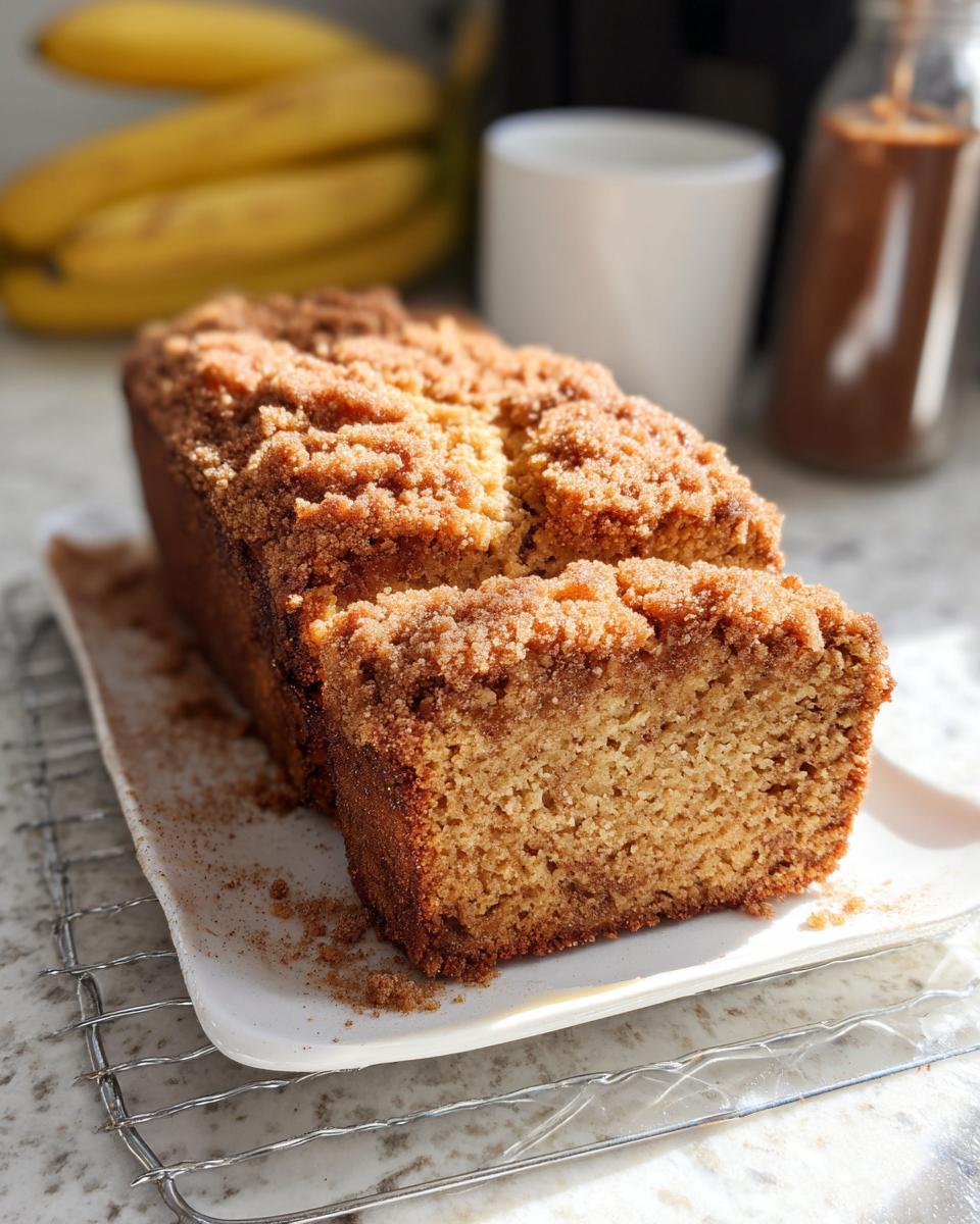 A freshly baked Cinnamon Crunch Banana Bread loaf, partially sliced, showing a moist crumb and crunchy topping.