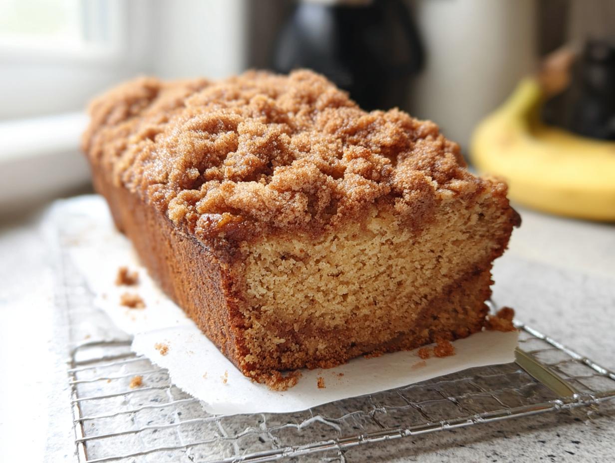 A freshly baked loaf of Cinnamon Crunch Banana Bread cooling on a wire rack with a thick, sugary cinnamon streusel topping.