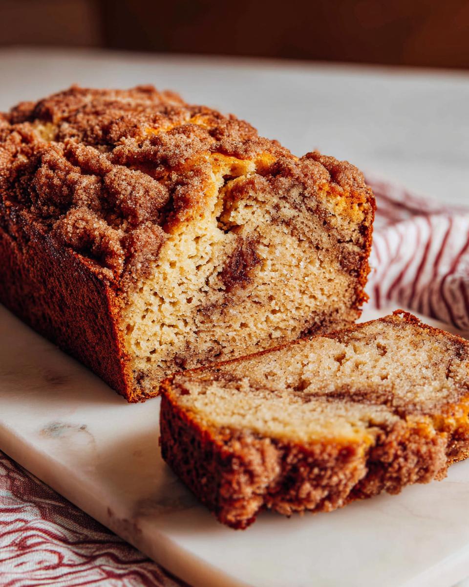A loaf of Cinnamon Streusel Banana Bread, partially sliced, showing the moist interior and thick cinnamon topping.