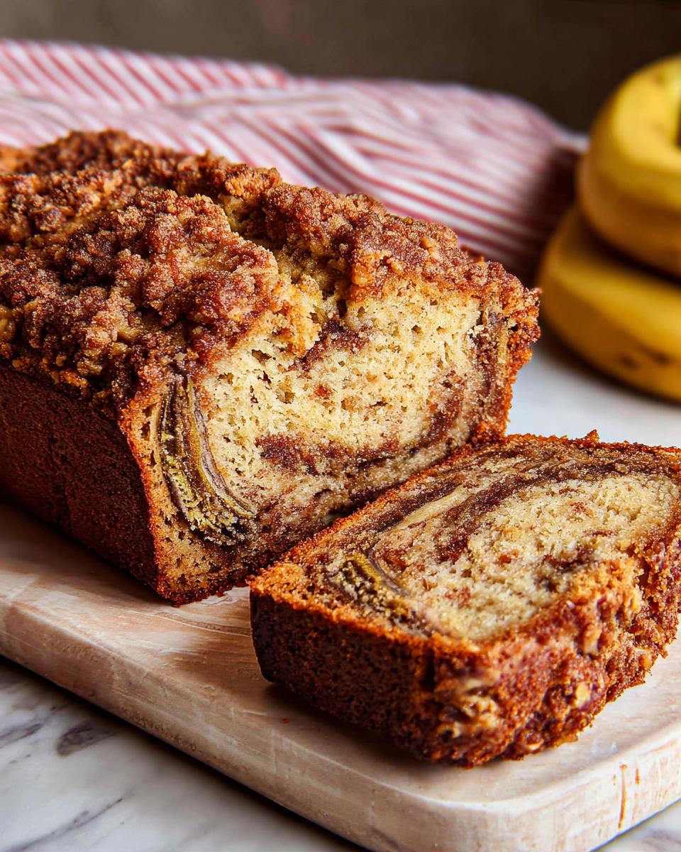 A loaf of Cinnamon Streusel Banana Bread sliced open, showing the cinnamon swirl and crumb topping.