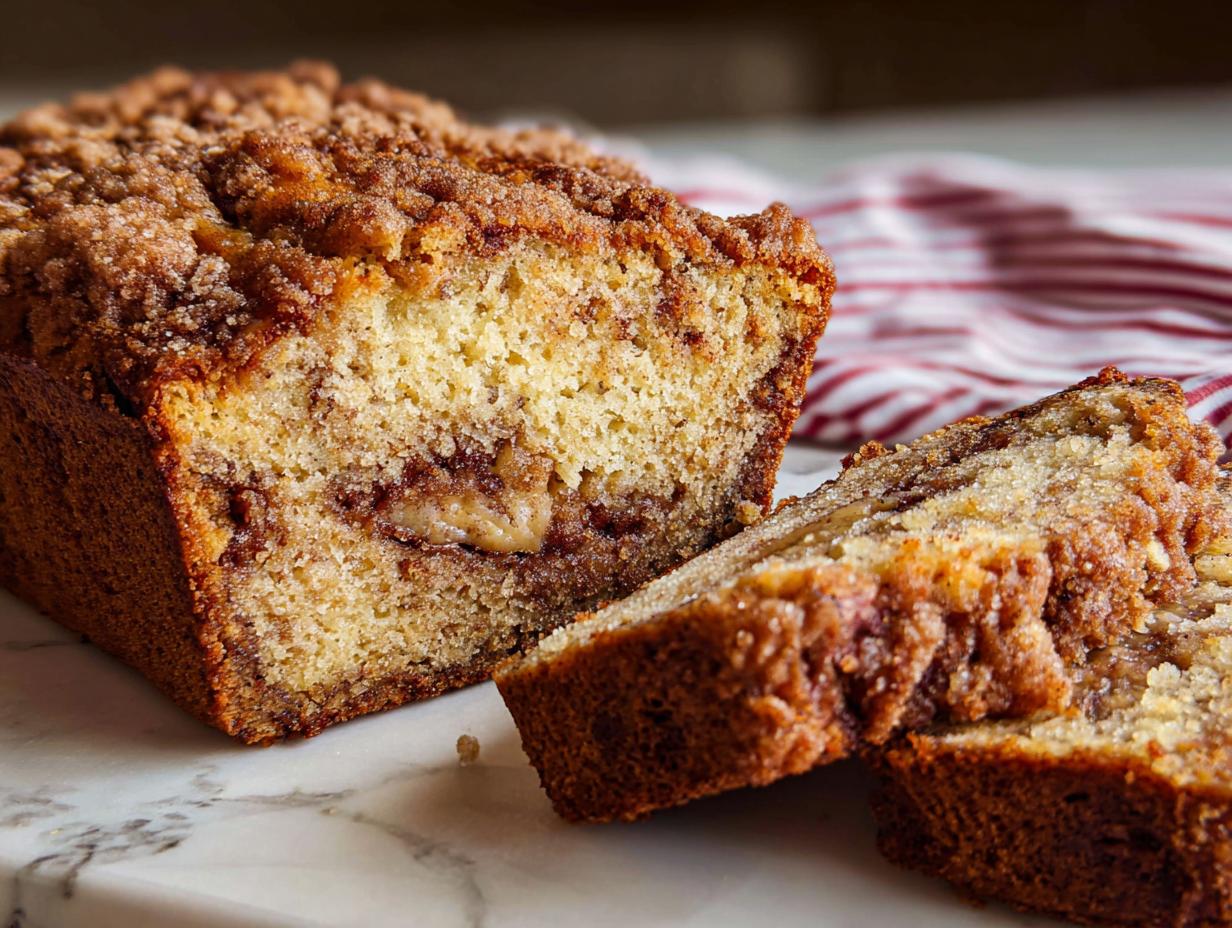 A loaf of Cinnamon Streusel Banana Bread with two slices cut, showing the moist interior and crunchy topping.