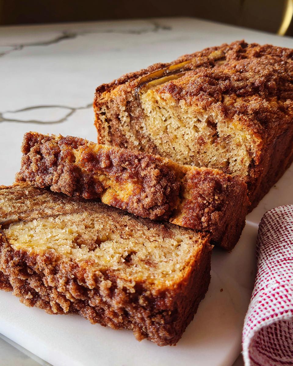 Close-up of sliced Cinnamon Streusel Banana Bread showing moist interior and thick crumb topping.