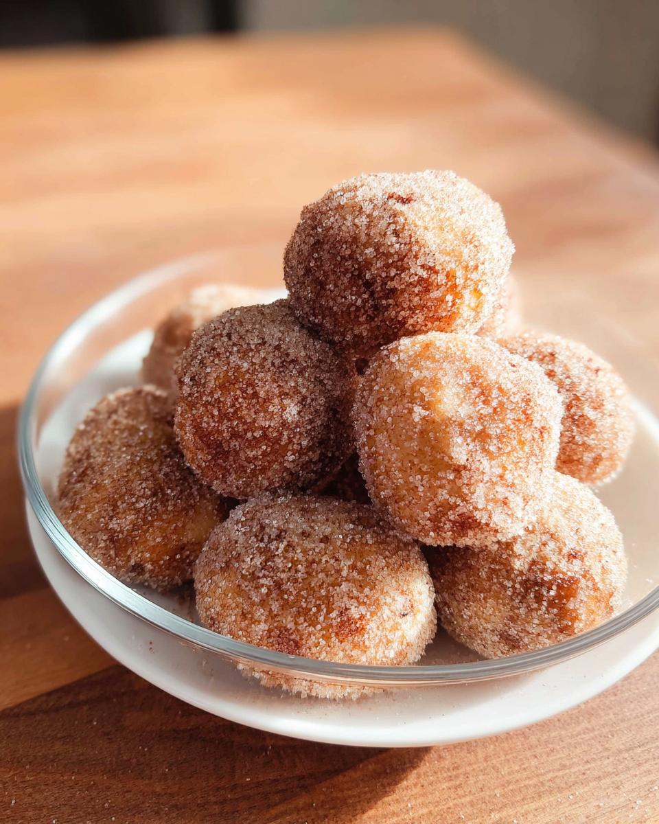 A pile of golden brown Cinnamon Sugar Air Fryer Donut Holes coated heavily in sparkling sugar.