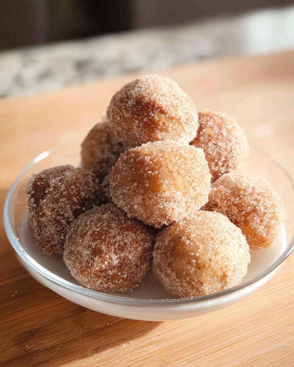 A glass bowl filled with golden brown Cinnamon Sugar Air Fryer Donut Holes piled high.