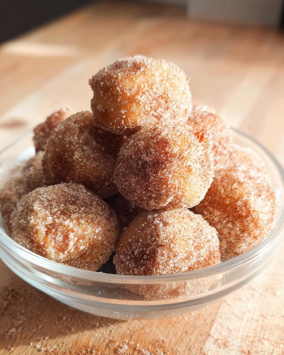 A glass bowl filled with golden brown Cinnamon Sugar Air Fryer Donut Holes piled high and coated in sparkling cinnamon sugar.
