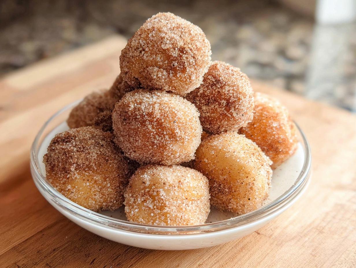 A close-up of fluffy Cinnamon Sugar Air Fryer Donut Holes piled high in a small white bowl.