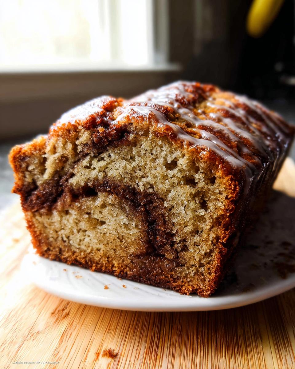 Close-up of a slice of Cinnamon Swirl Banana Bread showing the moist crumb and cinnamon swirl, topped with white glaze.