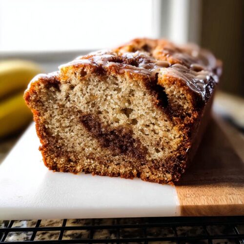 Close-up of a moist slice of Cinnamon Swirl Banana Bread showing the dark cinnamon swirl inside and a light glaze on top.