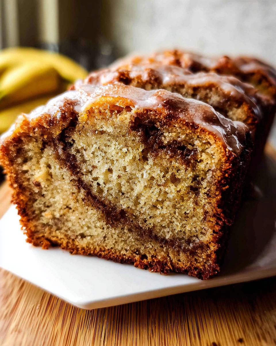 A close-up cross-section of Cinnamon Swirl Banana Bread showing the moist crumb and dark cinnamon swirl, topped with a light glaze.