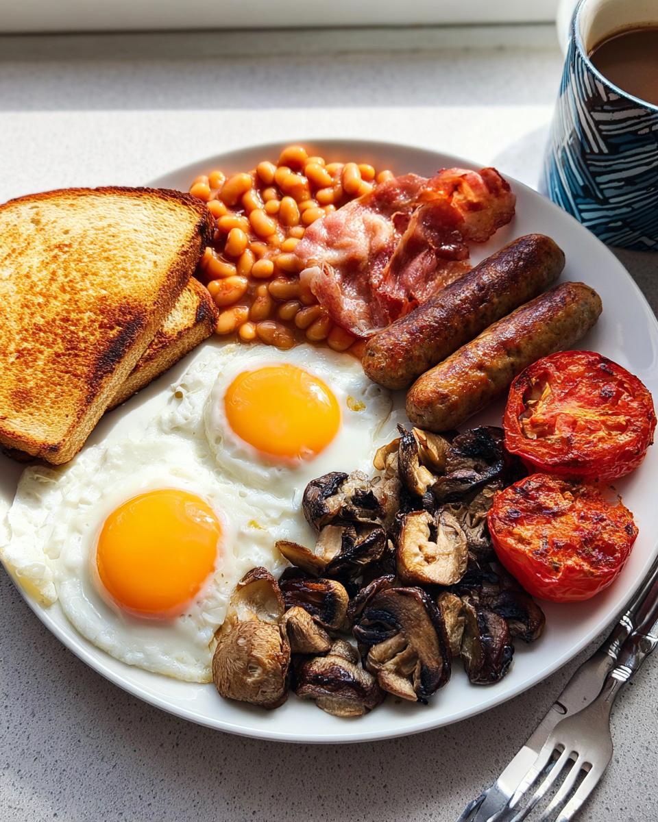 A full plate showcasing a Classic British Breakfast at Home, including fried eggs, sausages, bacon, beans, mushrooms, and toast.