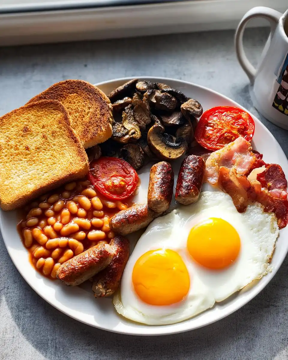 A plate featuring a Classic British Breakfast at Home: two fried eggs, sausages, bacon, beans, mushrooms, grilled tomatoes, and toast.
