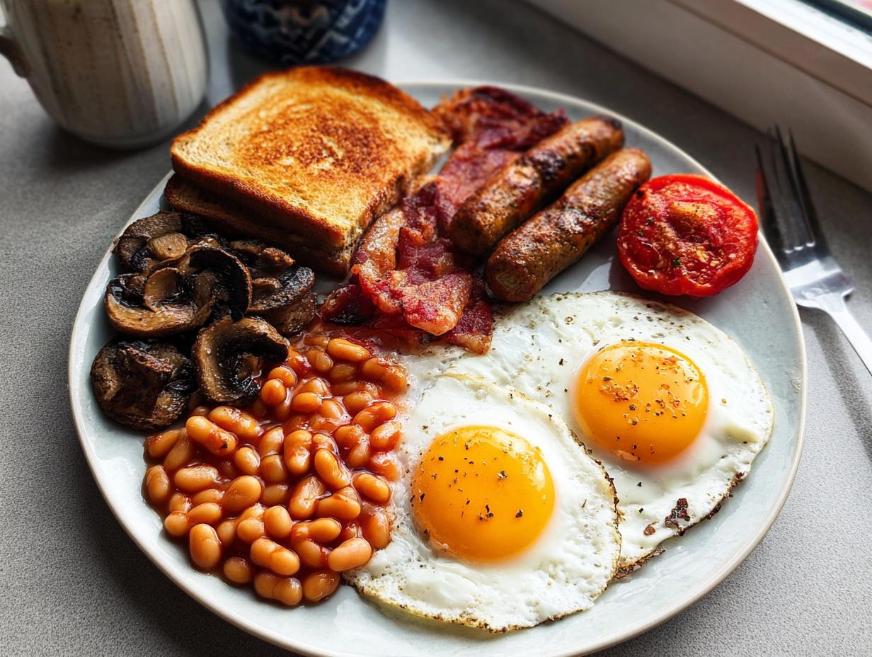 A full plate featuring a Classic British Breakfast at Home: two fried eggs, sausages, bacon, beans, mushrooms, tomato, and toast.