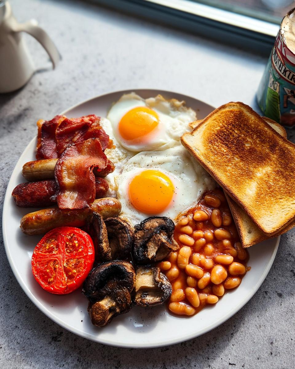 A full plate featuring a Classic British Breakfast at Home with two fried eggs, bacon, sausages, mushrooms, beans, and toast.