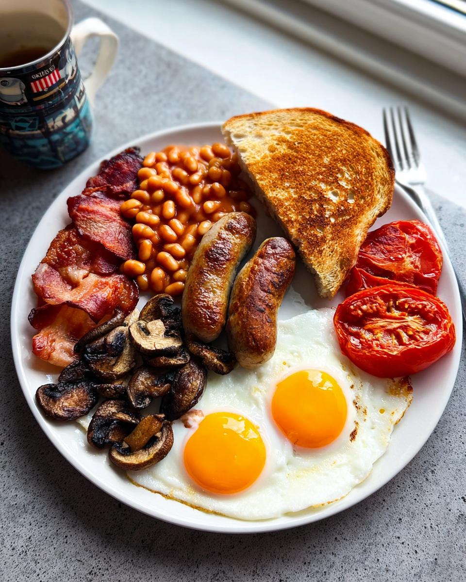 A full plate showing a Classic British Breakfast at Home, including fried eggs, bacon, sausages, beans, mushrooms, and toast.