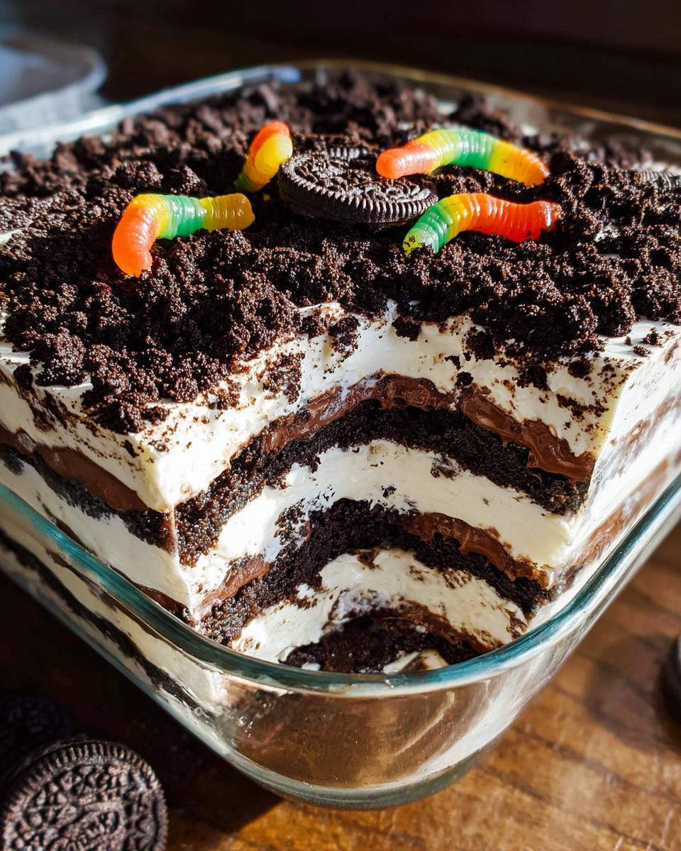 A square glass dish showing a cut slice of Classic Dirt Cake layered with cream and crushed cookies, topped with gummy worms.