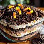 A layered Classic Dirt Cake in a glass bowl topped with crushed cookies and gummy worms.