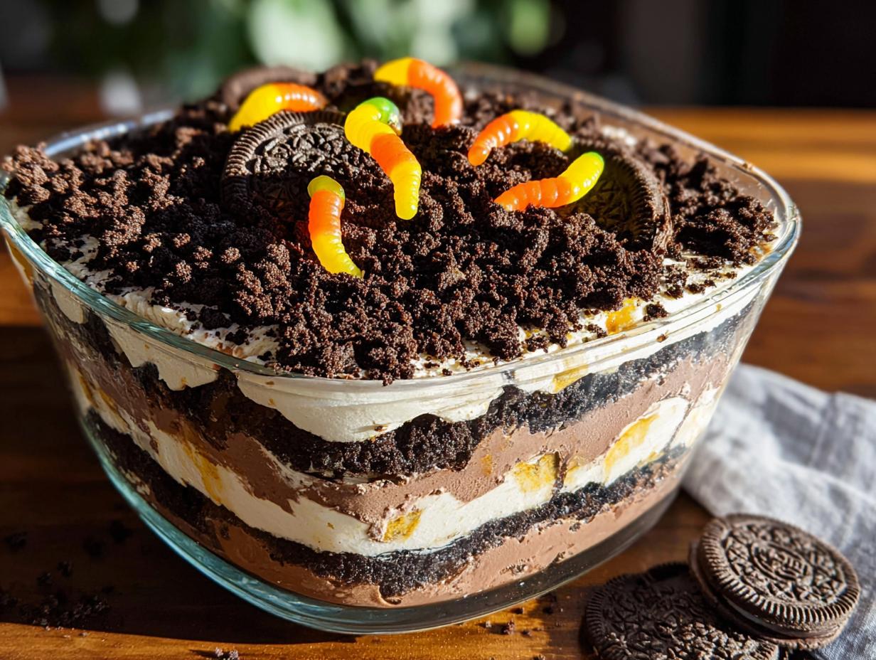 A layered Classic Dirt Cake in a glass bowl topped with crushed cookies and gummy worms.