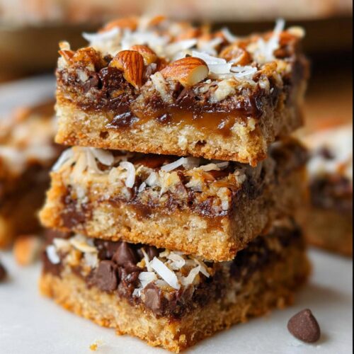 A stack of three rich, layered Classic Magic Cookie Bars topped with almonds, coconut flakes, and chocolate chips.