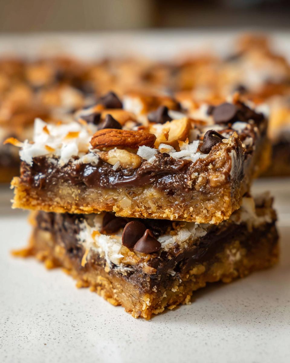 Two stacked bars showing the rich layers of Classic Magic Cookie Bars, topped with chocolate chips, coconut, and almonds.